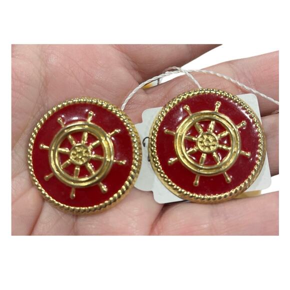 Vintage Nautical Ship Wheel Pierced Earrings Maritime Statement Jewelry - Picture 1 of 5